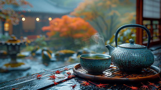 茶文化展板摄影照片_茶文化喝茶听雨立体描绘摄影照片