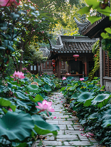 中国风山水摄影照片_荷花庭院摄影图