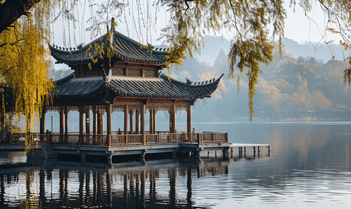 浙江杭州摄影照片_烟雨集贤亭下午集贤亭西湖西湖摄影图