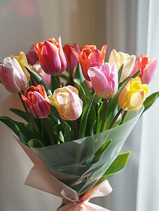 花束五颜六色的郁金香/春天的花，明亮美丽的花，春天的礼物概念
