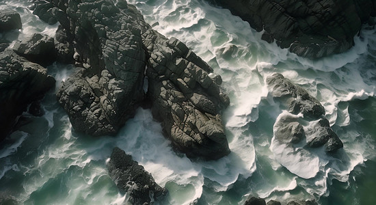 海岸海浪拍打礁石自然风景AI