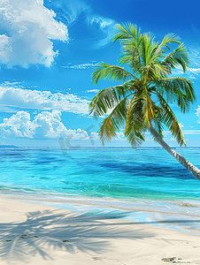 沙滩日光浴摄影照片_夏天沙滩与棕榈树蔚蓝海洋风景