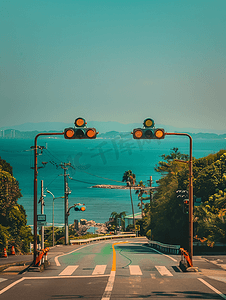 日本镰仓小清新海边马路红绿灯摄影图
