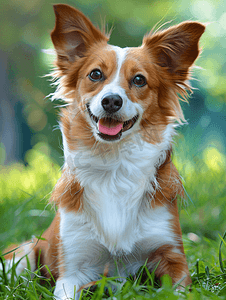宠物保洁摄影照片_狗在自然界中的肖像。红白相间的威尔士刺绣在草地上。流行品种。在公园里的宠物