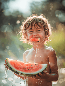 阳光开心摄影照片_夏日儿童人像白天长发小男孩阳光下可爱吃西瓜摄影图