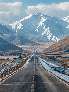 新疆喀什帕米尔高原的公路和雪山摄影图