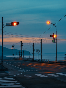 海边马路摄影照片_日本镰仓小清新海边马路红绿灯摄影图