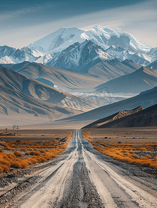 新疆喀什帕米尔高原的公路和雪山摄影图