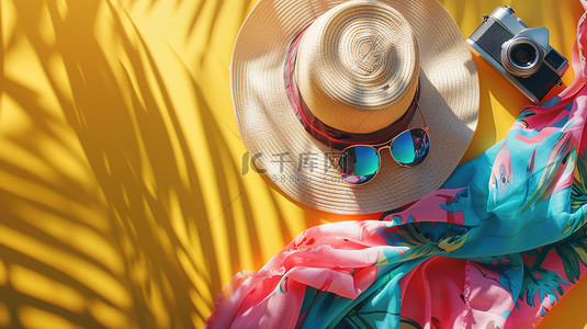 活力背景素材背景图片_色彩丰富的夏季草帽墨镜相机背景素材