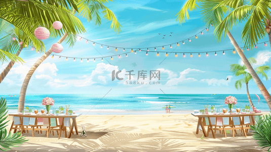 沙滩背景图片_彩色唯美手绘三亚景区大海沙滩灯光彩色背景