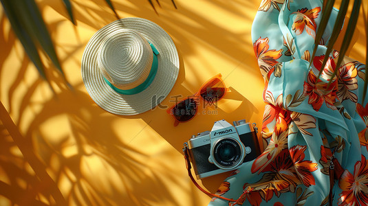 色彩丰富的夏季草帽墨镜相机背景图片