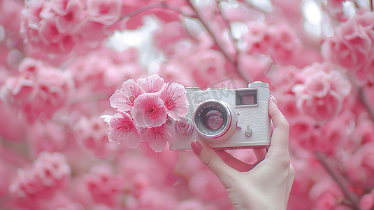粉色桃花相机立体描绘摄影照片