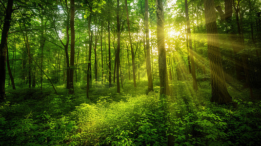 夏季太阳照射着翠绿的森林图片