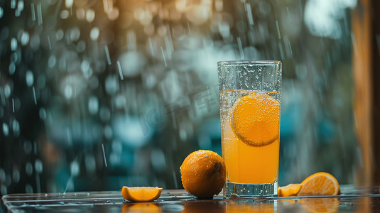 庭院桌子上淋雨的橙汁图片