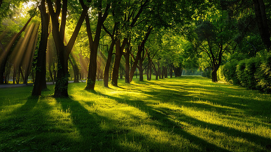 大自然图片摄影照片_夏季太阳照射着翠绿的森林图片