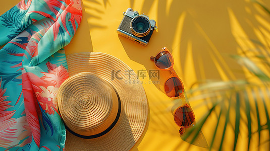 墨镜背景图片_色彩丰富的夏季草帽墨镜相机素材