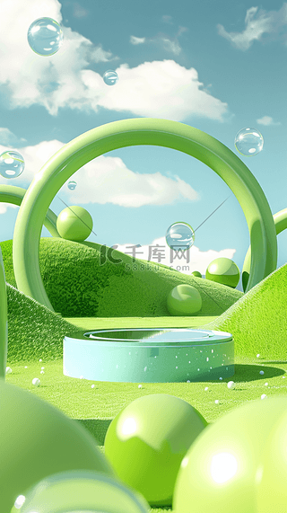 绿色夏天户外可爱卡通3D拱形展台背景素材