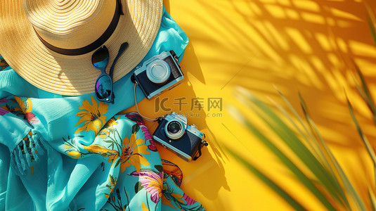 墨镜背景图片_色彩丰富的夏季草帽墨镜相机背景图片