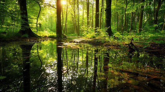 夏季太阳照射着翠绿的森林图片