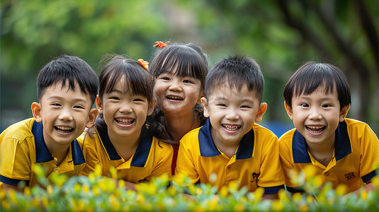 小女孩摄影照片_一群穿着黄色校服的小学生合照图片