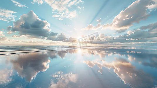 阳光沙滩摄影照片_平静的海面上倒映天空景象图片