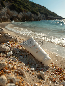 美容背景图片_沙滩上的美容防晒用品设计图