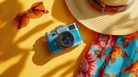 墨镜背景图片_色彩丰富的夏季草帽墨镜相机素材