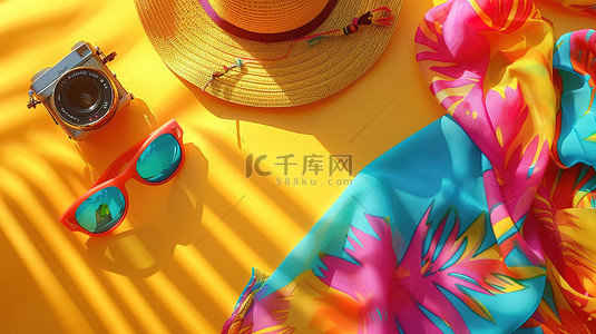 色彩丰富的夏季草帽墨镜相机背景图