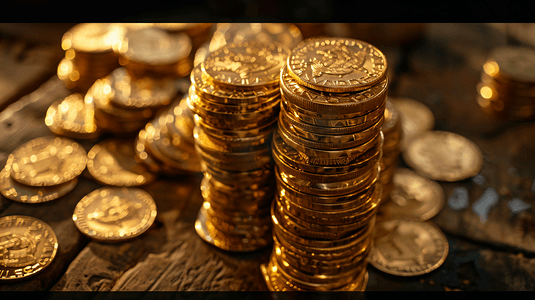 金融一堆金币摆放在桌子上摄影图