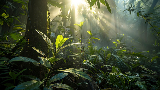 参天大树摄影照片_夏季翠绿的森林里的丁达尔效应图片