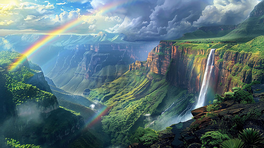 山川瀑布彩虹立体描绘摄影照片