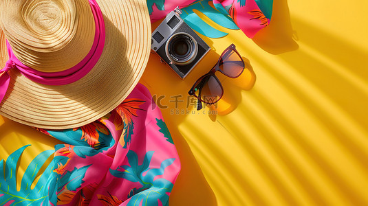 色彩丰富的夏季草帽墨镜相机背景图片