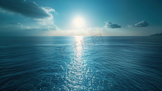 海洋卡通摄影照片_蓝天白云下的海水清澈的大海图片