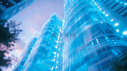 仰视建筑背景图片_蓝色灯光夜晚仰视城市高楼大厦的背景
