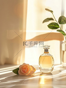 玫瑰背景图片_产品摄影一瓶香水和玫瑰图片