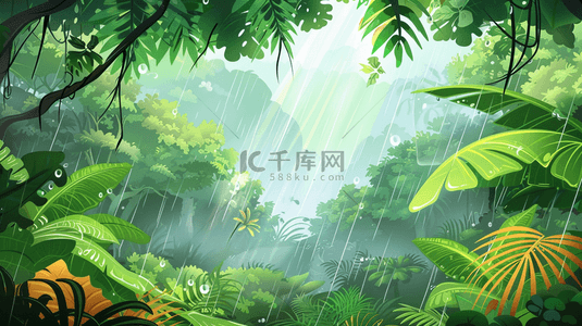 光芒纹理背景图片_绿色卡通森林雨季下雨花草风景的背景