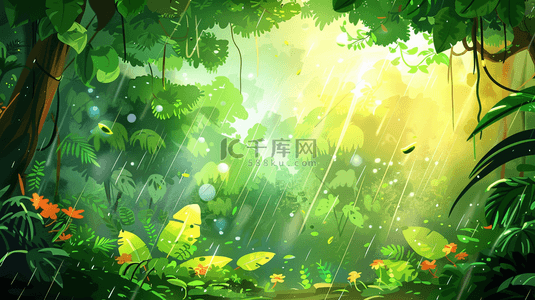 雨季背景图片_绿色卡通森林雨季下雨花草风景的背景