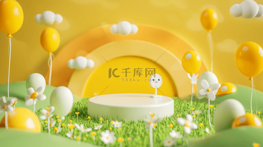 明黄色卡通可爱3D电商展台设计