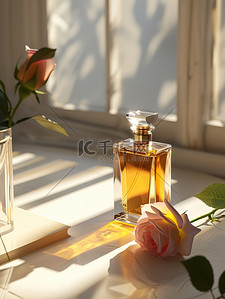玫瑰背景素材背景图片_产品摄影一瓶香水和玫瑰背景素材