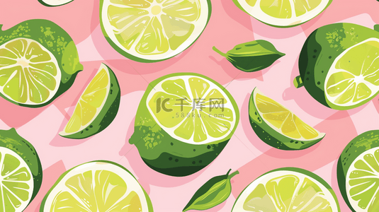 水果背景图片_粉色场景绿色柠檬水果的背景