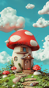 春天的图片春天背景图片_可爱卡通鲜艳的3D蘑菇屋背景图片