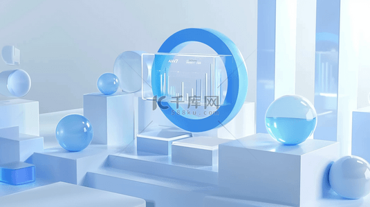 蓝色3D渲染三维科技智能玻璃图标场景设计