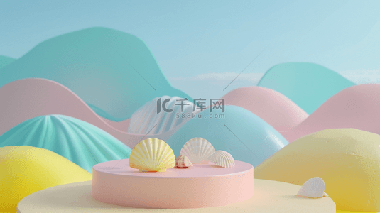 夏天蓝粉清新海滩3D电商展台背景