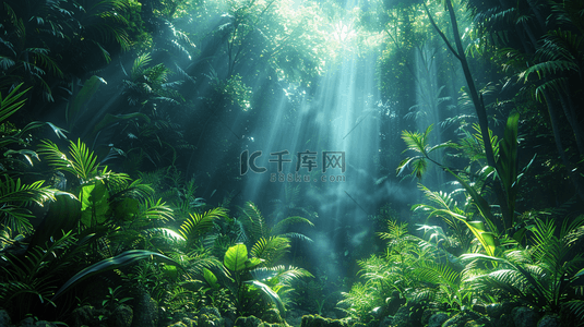 绿色夏季森林中透过的光芒背景