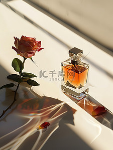 玫瑰背景图片_产品摄影一瓶香水和玫瑰背景图