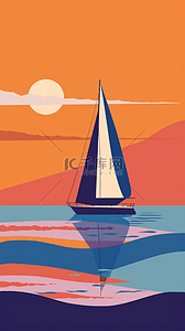 扁平背景图片_扁平风夏天大海波浪和帆船背景
