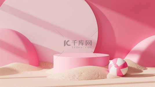 粉色背景促销背景背景图片_夏天粉色清新沙滩上的3D电商展台背景