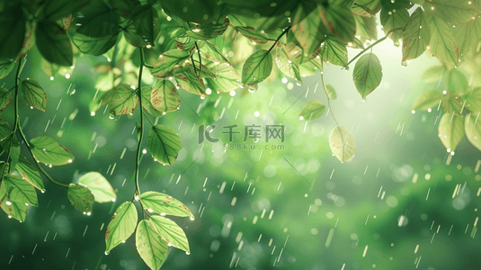 绿色森林里雨季下雨树叶树枝风景的背景