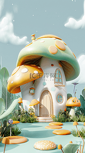 六一儿童节图片背景图片_可爱卡通鲜艳的3D蘑菇屋背景图片