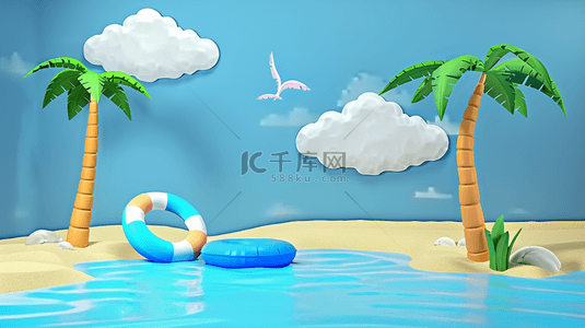 沙滩图背景图片_夏天白云椰子树3D电商展台背景图